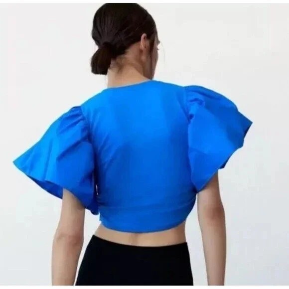 ZARA Women Cobalt Blue Exaggerated Sleeve Crop Top S Short Puff Sleeve‎ Rouched - Picture 2 of 10